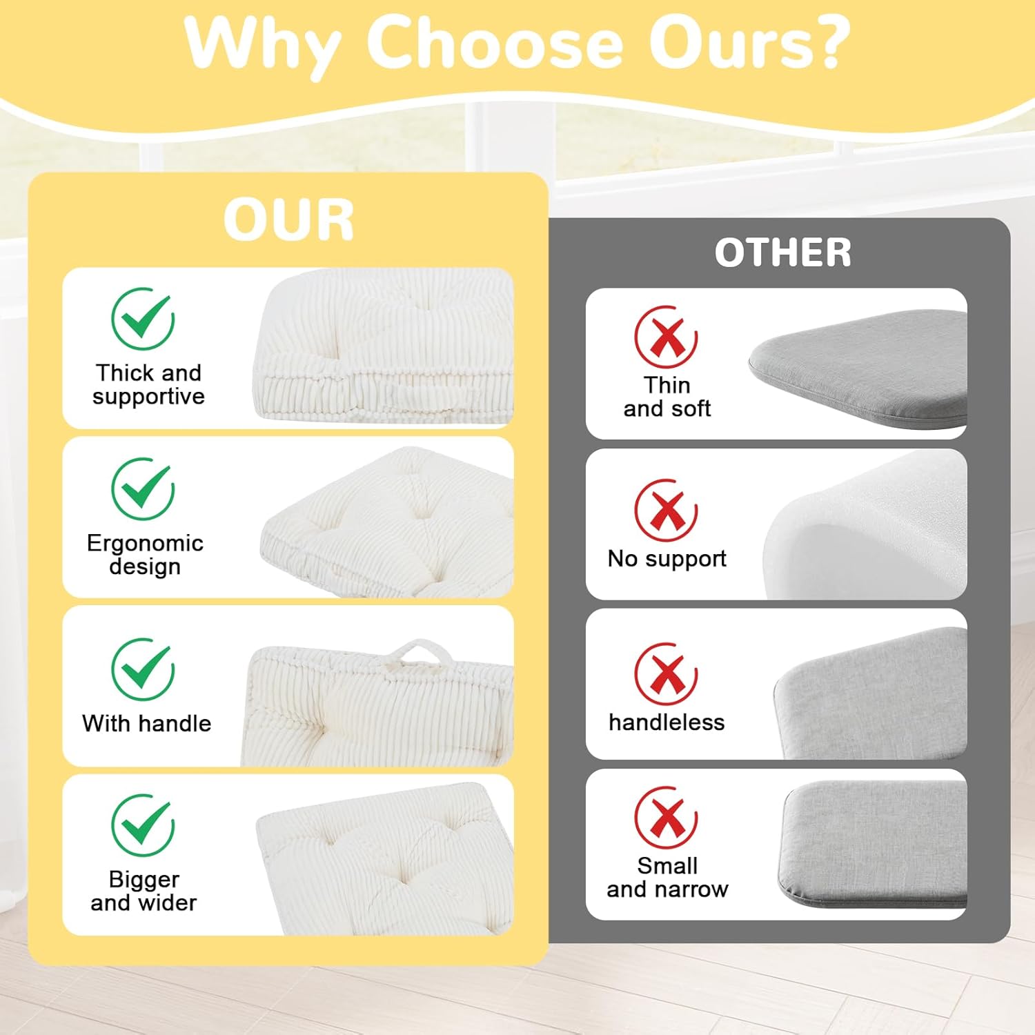 Floor Pillow Set of 2, 22x22 Tufted Floor Cushion for Adults, Square Large Meditation Cushion Pillow, Corduroy Sitting Pillow with Handle, Yoga Seating for Tatami, Beige