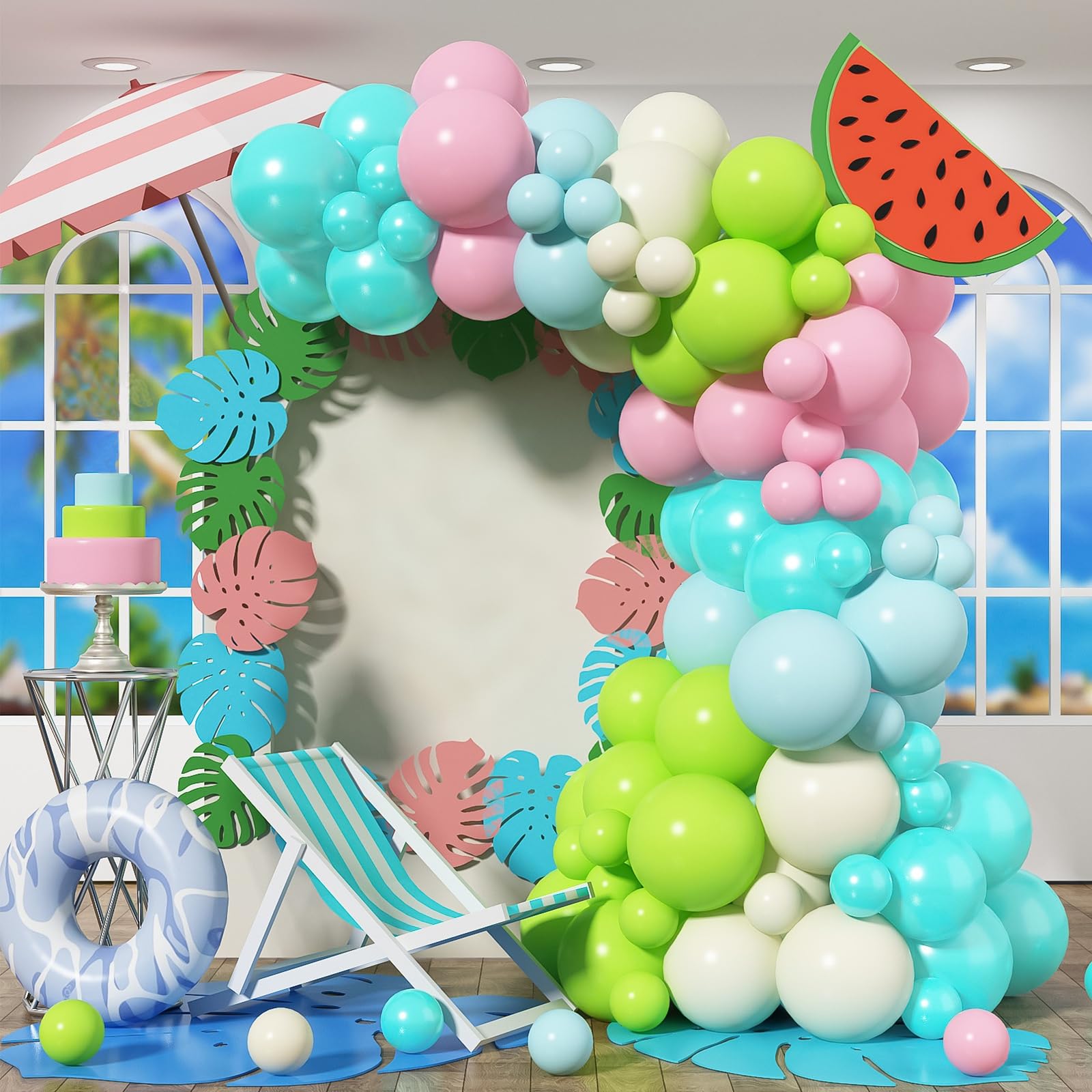 HILAVO Summer Tropical Balloon Arch Kit Hawaiian Pearl Teal Blue Lime Green Pastel Pink Blue Ivory Colorful Balloons Garland for Hawaiian Luau Aloha