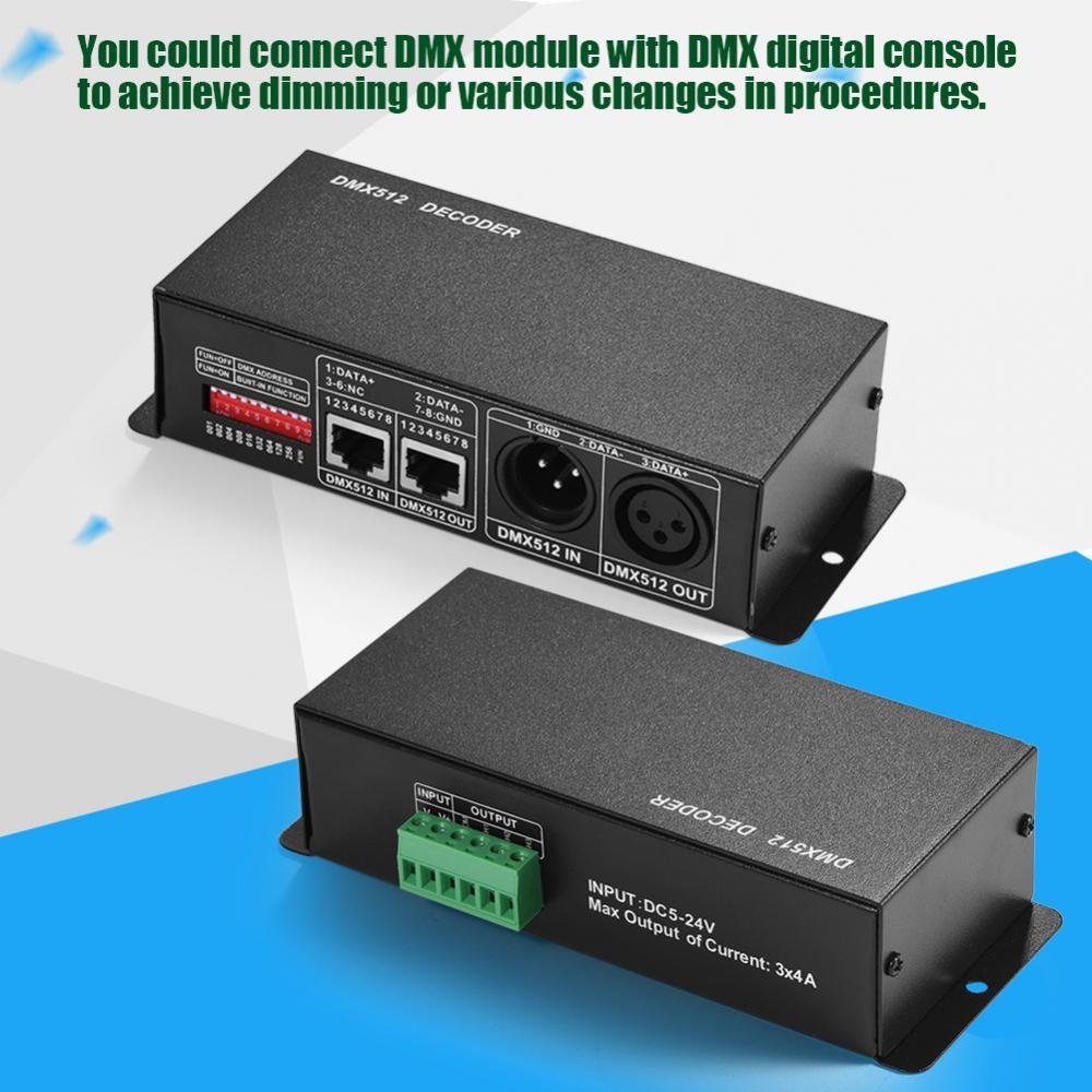 Dioche DMX Controlador de 3 canales LED 5 V ~ 24 V DC Digital Display Decoder Dimming Driver DMX 512 4A 3 Canales Decodificador Módulo Controlador para LED RGB Lámpara Escenario Luces