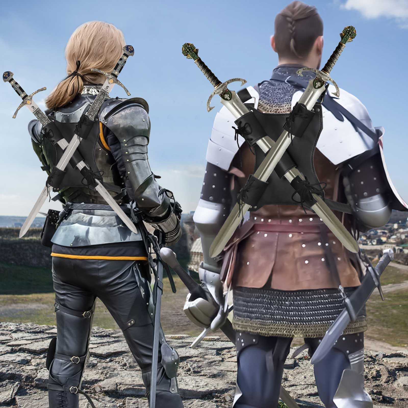 mumisuto Ninja Sword Back Holster, Sword Bag Sword Back Sheath Adjustable Leather Double Sword Holder Back Durable Strap Sword Carrying Bag Case for Cosplay Anime Costume