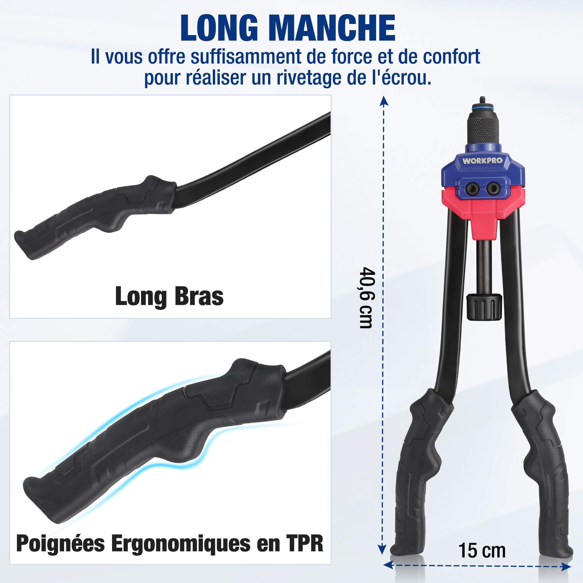 WORKPRO Outil à riveter, 40,6 cm avec 11 mandrins métriques et SAE, ensemble d'outils à rivets manuels avec 185 rivets filetés, riveteuse manuelle avec étui de transport | avec 11 Mandrins Métriques et SAE, Assortiment de 185 Écrous à Sertir, Mallette de