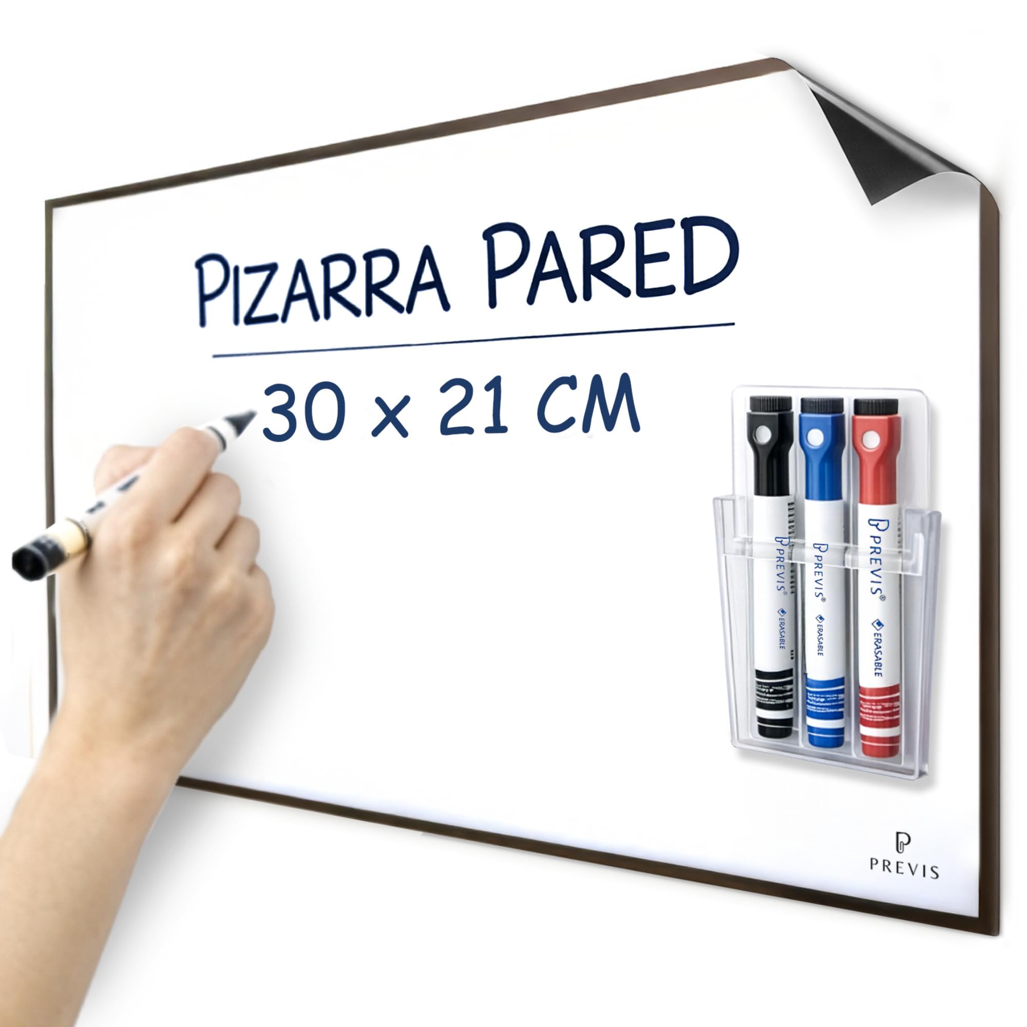 PREVIS Pizarra Adhesiva Pared Blanca Magnetica A4 30x21cm + 3 Rotulador Borrable - Papel Pizarra Adhesivo Pared - Rollo Vinilo Hogar y Oficina - No Daña Pared Fácil de Trasladar