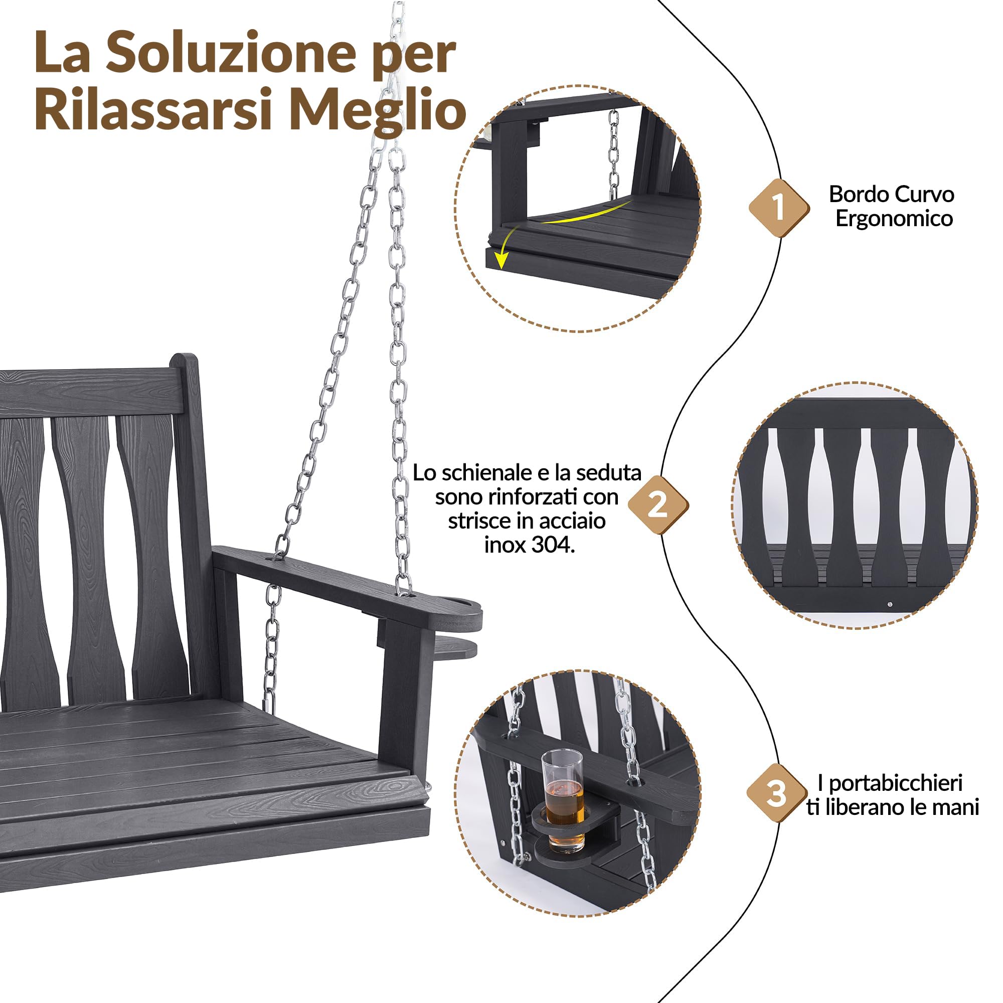 Altalena da Giardino in Legno 2 Posti, Dondolo da Giardino da Esterno per Adulti con Catene e Portabicchieri, Portata 270 kg, Panchina Sospesa per Terrazza e Balcone