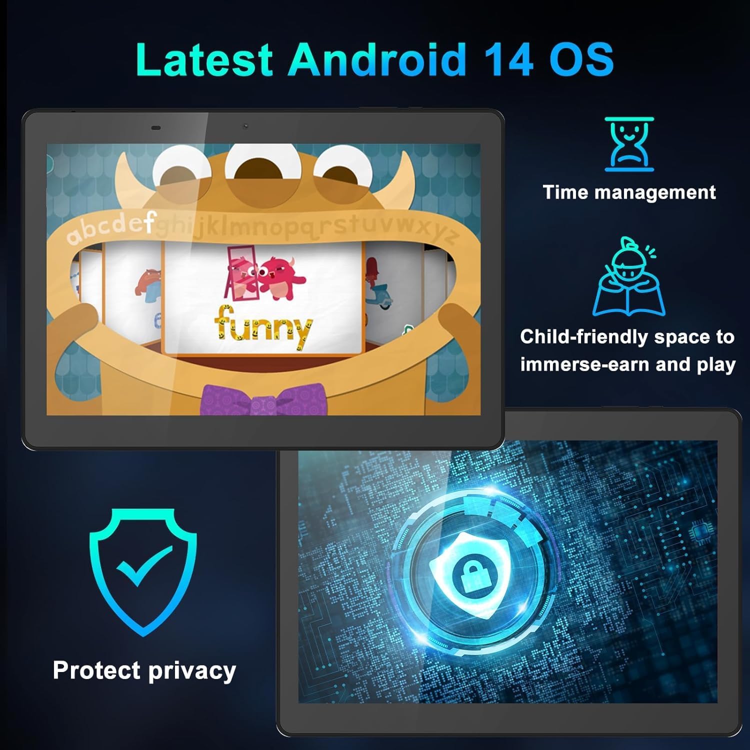 Illustrates the Android 14 operating system features, including time management, child-friendly space, and privacy protection.