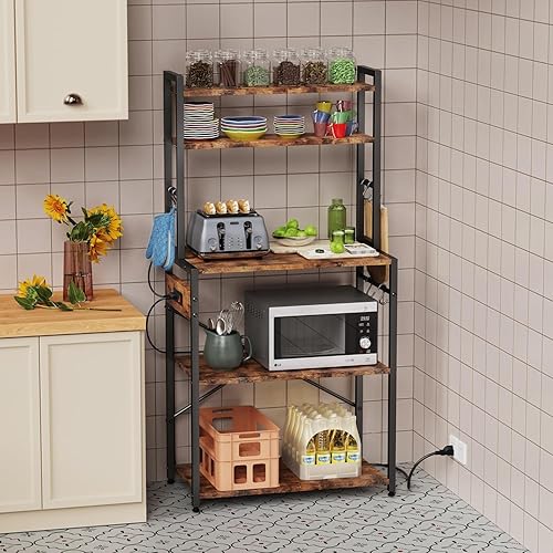 Miniatura 8 de Luckyeestar Estante de cocina de pie de 5 niveles con toma de corriente, soporte de microondas de 5 niveles, barra de café con 6 ganchos en forma de