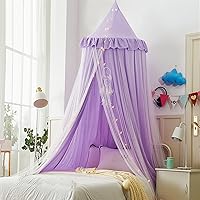 Vista 9 de VETHIN Toldo de cama para niños con luces, doble capa de cúpula redonda de princesa para niños, mosquitera de ensueño, habitación de niñas