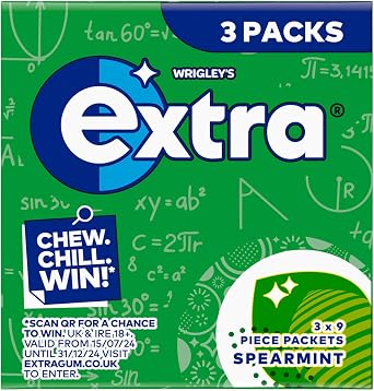 Extra Chewing Gum, Sugar Free, Spearmint Flavour, Pack of 3 x 9 Pieces Packing May Vary