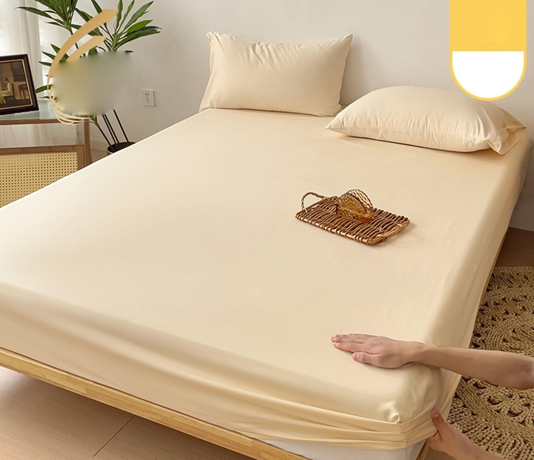 Drap Housse avec Élastique Fibre de Bambou Lit Double, Couleur Unie, 150 x 200 CM, Beige