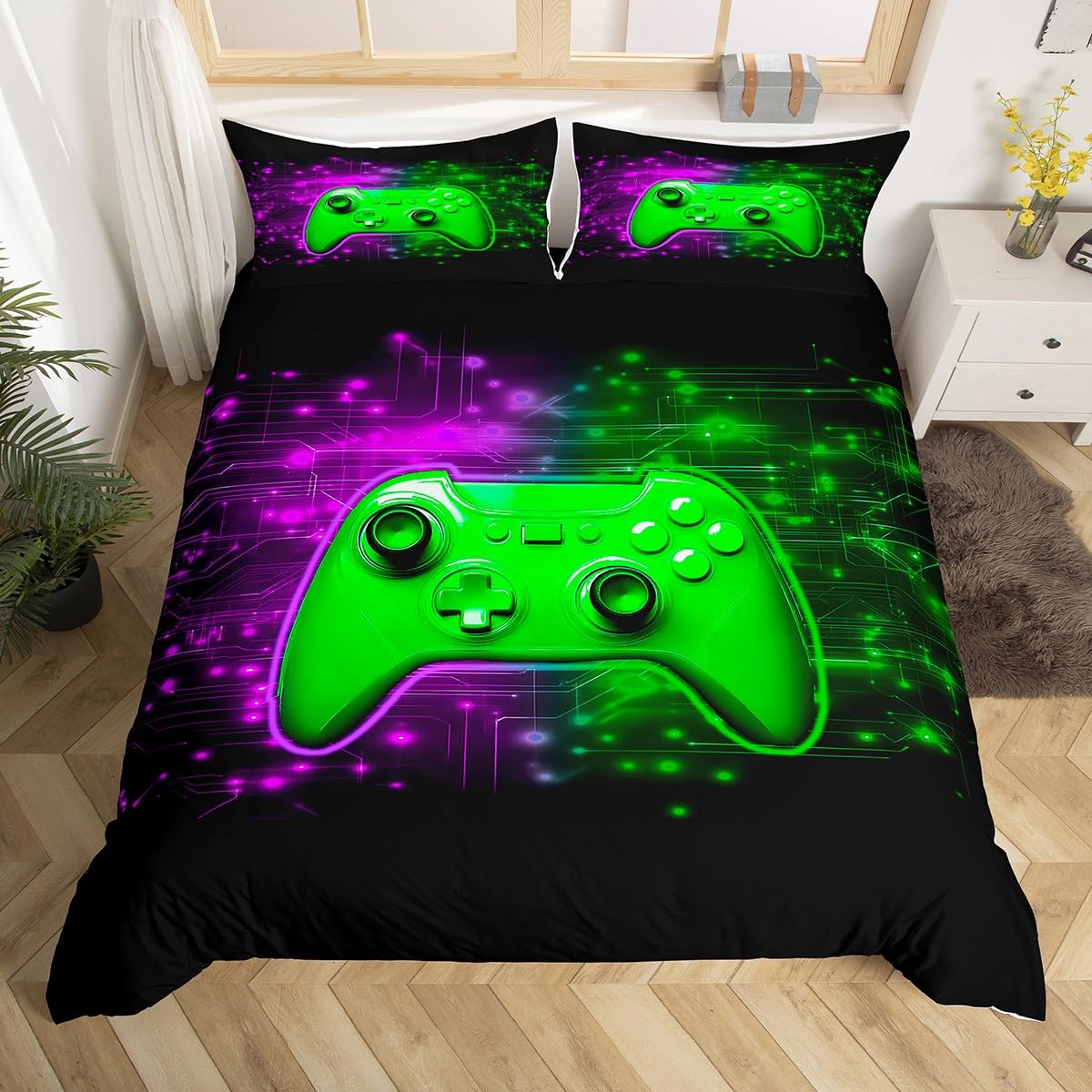 Homemissing Gamer Duvet Cover Set Single Size Green Gaming Breathable Bedding Set Purple GamePad Zippered Duvet Cover with 1 Pillowcase Children Games Controller For Teenager Boy - Image 3