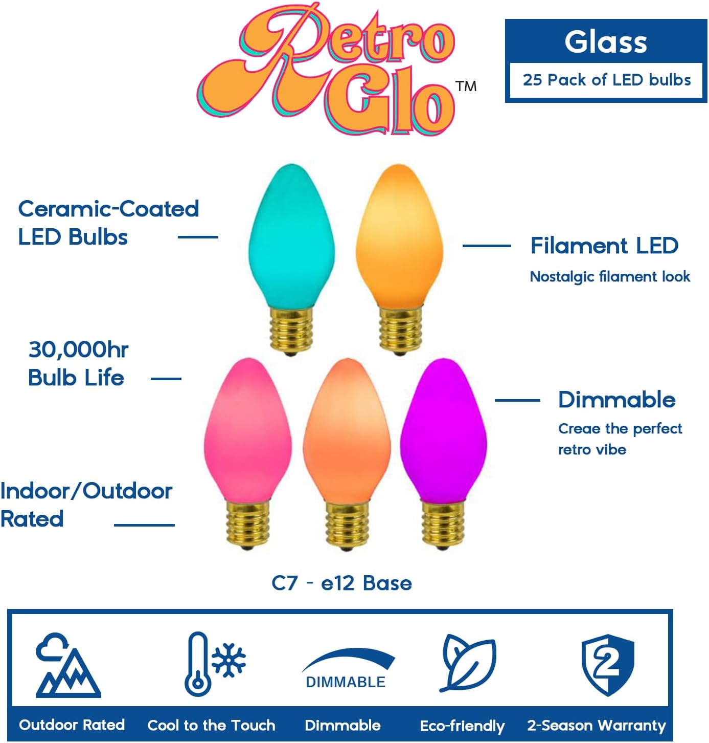 Novelty Lights 25PK C7 LED Ceramic RetroGlo Filament Outdoor Christmas Replacement Bulbs, Vintage Bulbs, Replacement Outdoor Light Bulbs, C7 Light Bulbs (Classic Multicolor)