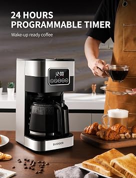SHARDOR 10-Cup Programmable Coffee Maker, Regular & Strong Brew Drip Coffee Machine for Home and Office, Auto Shut Off, Permanent Filter, Silver