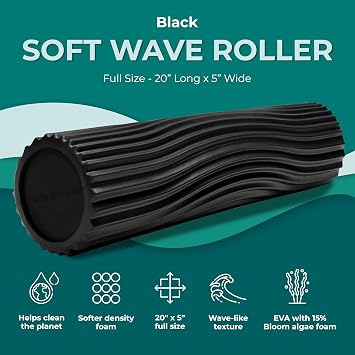 Oceanfoam Soft Tidal Roller (Black) - Low Density Foam Roller for Physical Therapy, Back Pain, Excercise & Stretching - Wave Textured - Yoga, Athletics, Wellness - Full Size, 20 x 5