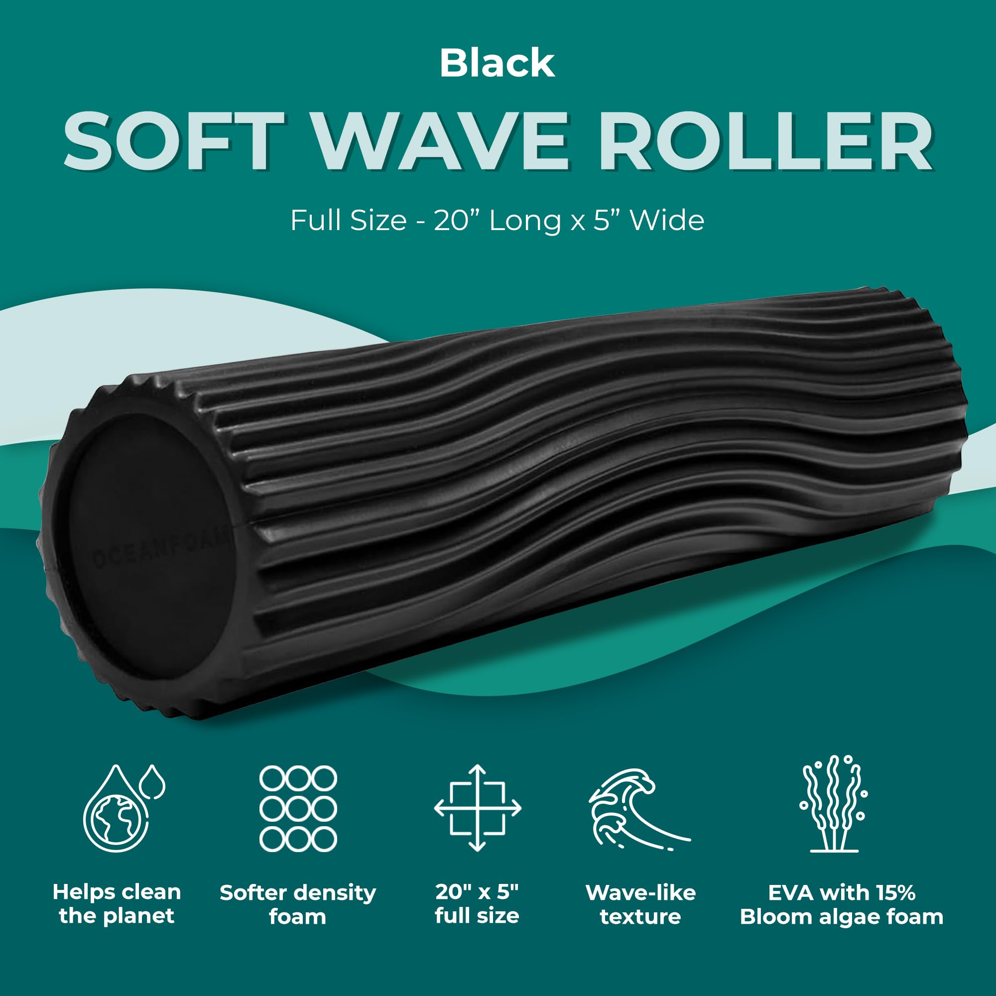 Oceanfoam Soft Tidal Roller (negro) - Rodillo de espuma de baja densidad para terapia física, dolor de espalda, ejercicio y estiramiento, textura ondulada, yoga, atletismo y bienestar, tamaño completo