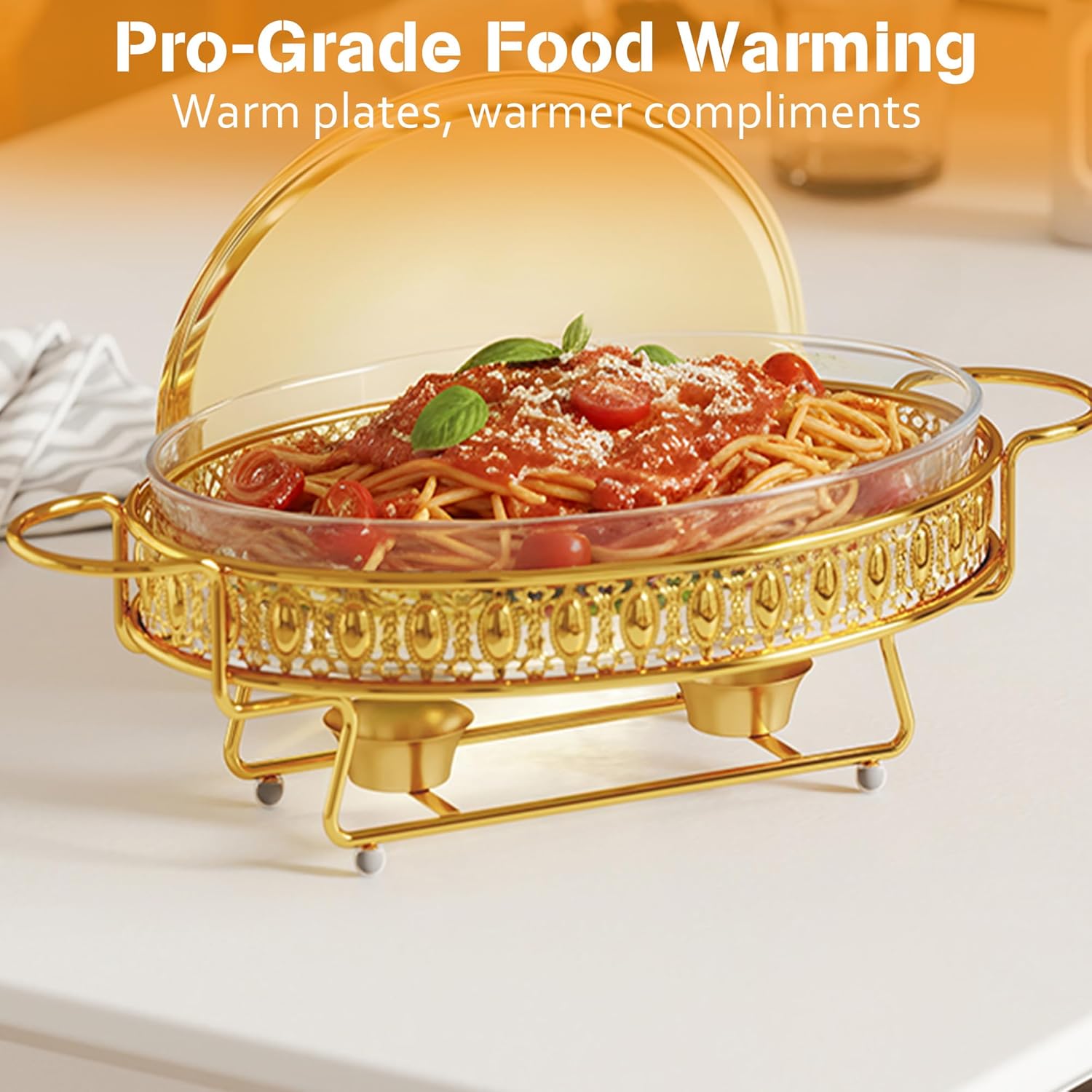 3 Qt Chafing Dish Food Warmer, Glass Food Pan with Golden Stainless Steel Fuel Warming Stand, Soup Casserole Hot Meal Serving Chafer for Buffet, Weddings, Parties, Catering