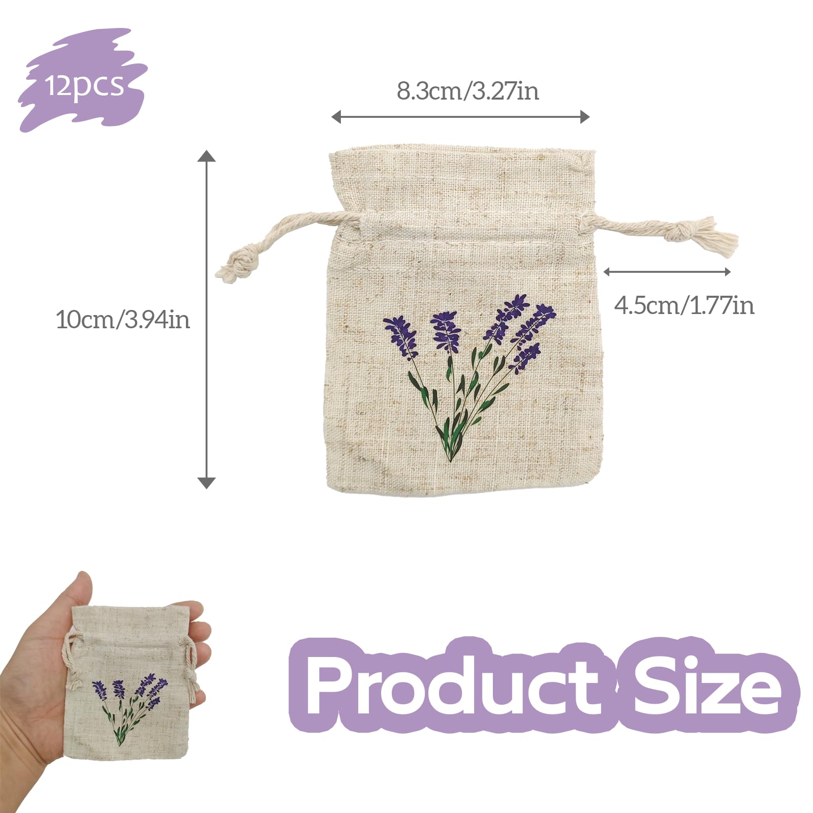 Pack de 12 Sachets de Lavanda de Algodón, Sacos Aromatizantes con Cierre de Cuerda para Armarios y Coches, Protección Natural contra Polillas y Aromatizantes para Habitaciones, 10x8.3 cm