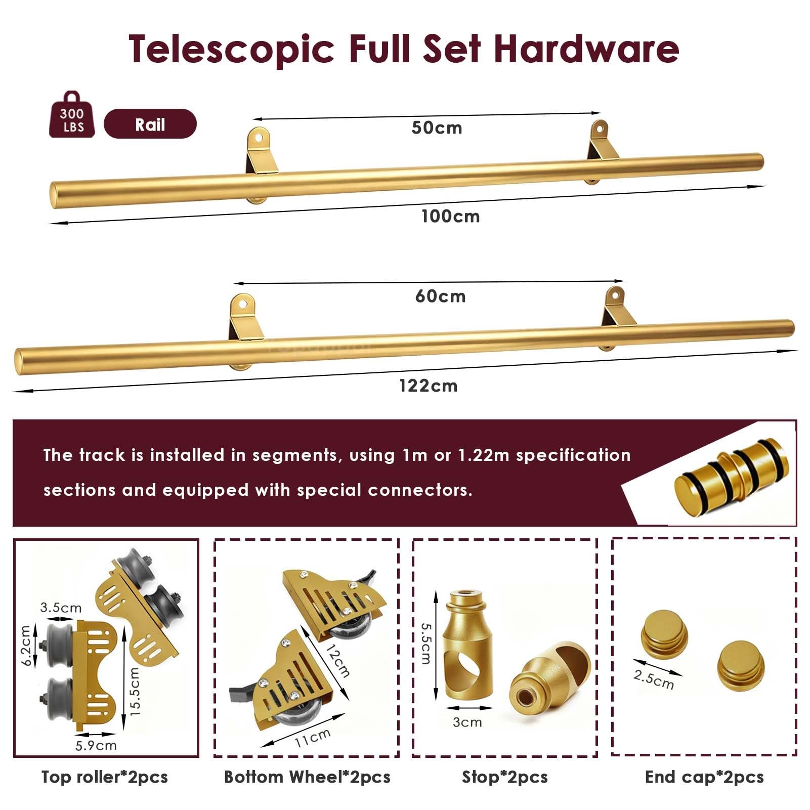 Rolling Hardware Gold Schiebeleiter-Set für Bibliotheken (ohne Leiter), Rundschienen-Gleitrollensystem für Dachbodenbüros(Telescopic,244cm Gleisbausatz)