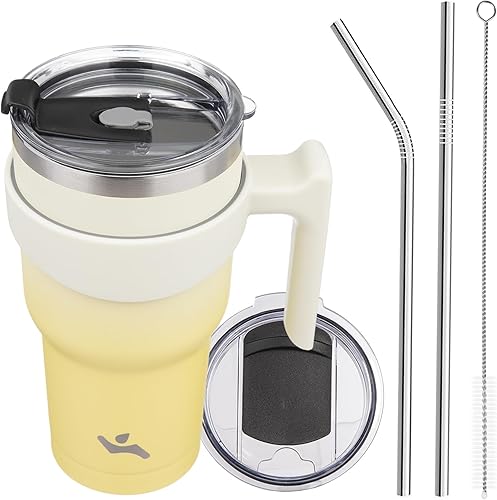 Miniatura 10 de Vaso de 30 onzas con asa y 2 pajitas, 2 tapas, botella de agua aislada de acero inoxidable con vacío, taza de viaje reutilizable, color lavanda