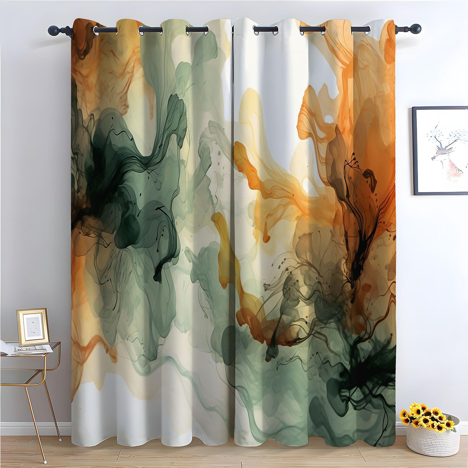 WQBQKKX 80% Blackout Curtains for Bedroom Retro Green Patterned Curtains Vintage Art Deco Drapes Thermal Insulated Room Darkening Curtain-52 W x 96" L (Pack of 2)