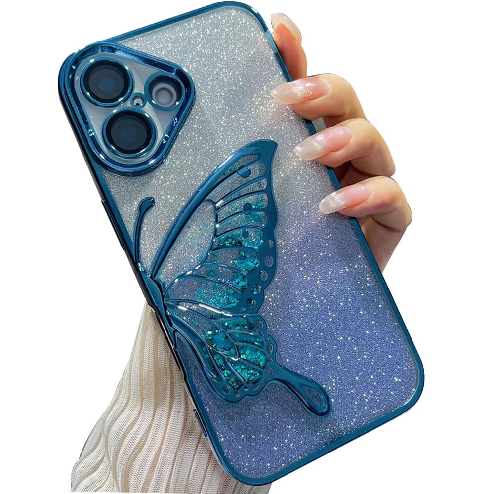 mobistyle Designed for iPhone 16 Plus Cover with Glitter Cute Butterfly Electroplate Plating Design Back Cover Case for Women Teen Girls [ Silicone | Blue]