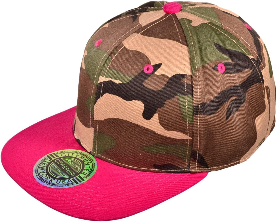 Ht_chc-cf919t-cam/fuc Wholesale Cotton Flat Bill Blank/Plain Snapback Hats w/ Green Underbill (Woodland Camo/Fuchsia) Buck Buck Snapback Hat Head Hair Cap Buck Buck
