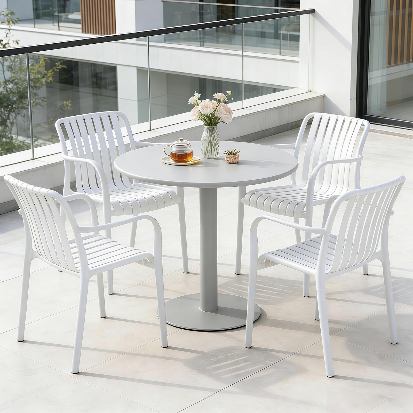 JPBSTO Patio Dining Chairs Set of 4, All-Weather Outdoor-Indoor Stackable Chairs with Curved Back, Waterproof for Patio, Deck, Porch, Backyard, Restaurant & Cafe Use, White