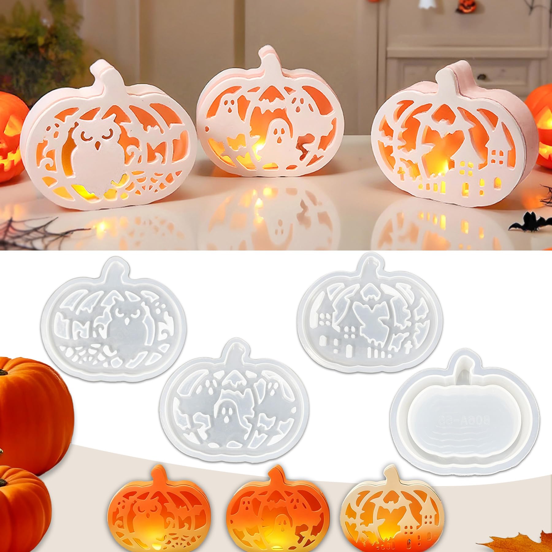 TZEKING Silikonformen Gießformen Halloween Kürbis,4 Stück Gießformen Silikon Herbst Kürbis,Silikonform Kürbis mit Helloween Elemente Muster,Silikonform Herbst,für DIY Herbst Halloween Deko