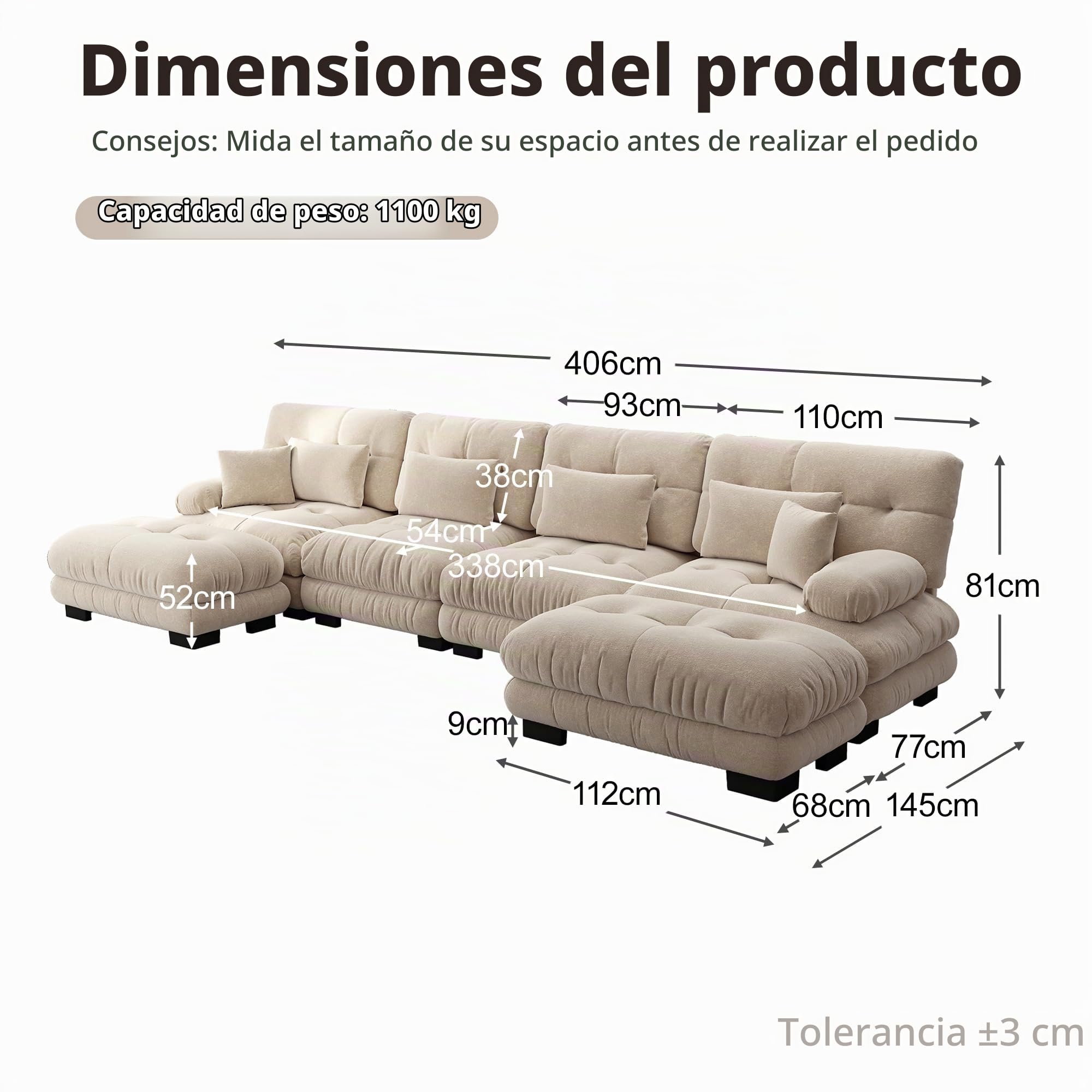 Muskel Sofá esquinero modular, juego de sofá en forma de U para salón, 4 plazas, cómodos sofás en la nube con otomano móvil, combinación de bricolaje, chenilla, marrón claro (Light Coffee)