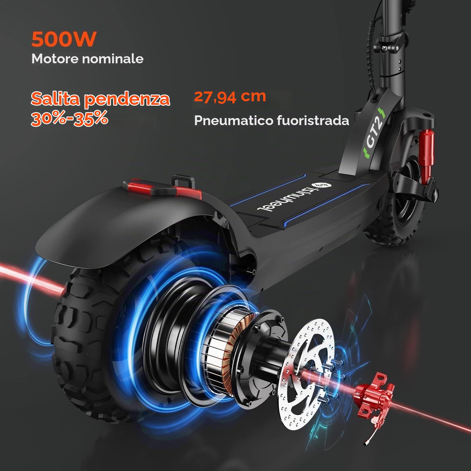 isinwheel GT2 Monopattino Elettrico Adulto Fuoristrada, Autonomia 60 km, Batteria 48V 15Ah, Ruote 11", Doppio Freno, Sospensioni Anteriori e Posteriori, Pieghevole, LED e Frecce, Carico 150 kg