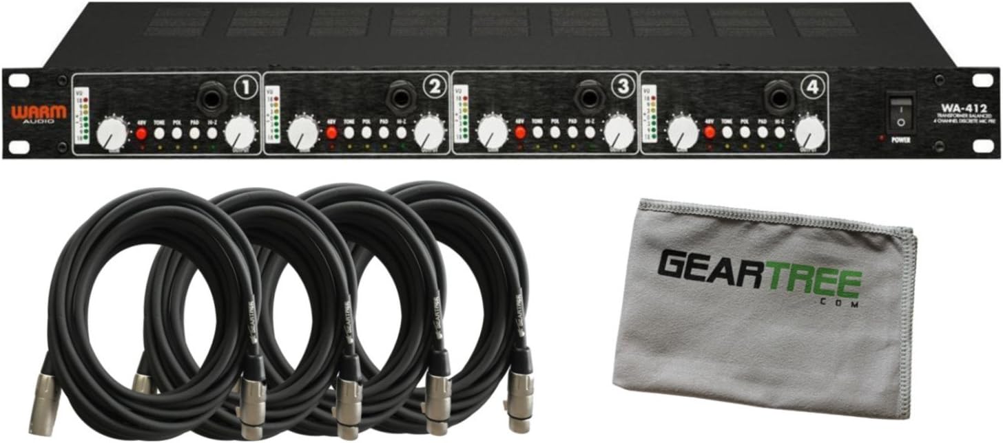 Warm Audio WA-412 front view with included cables and cloth