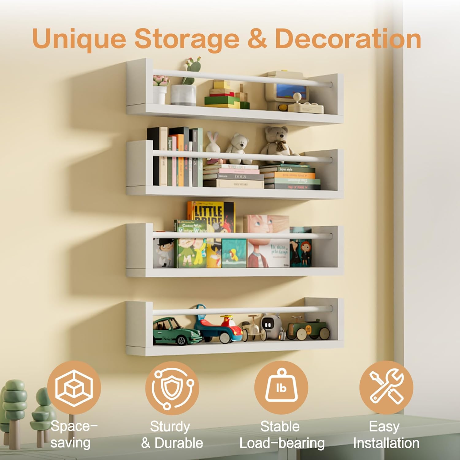 16.5" Wall Book Shelves for Kids - Floating Nursery Book Shelves Set of 4, White Wall Mounted Bookshelf for Kids Room, Toddler Bedroom Furniture & Toy Storage