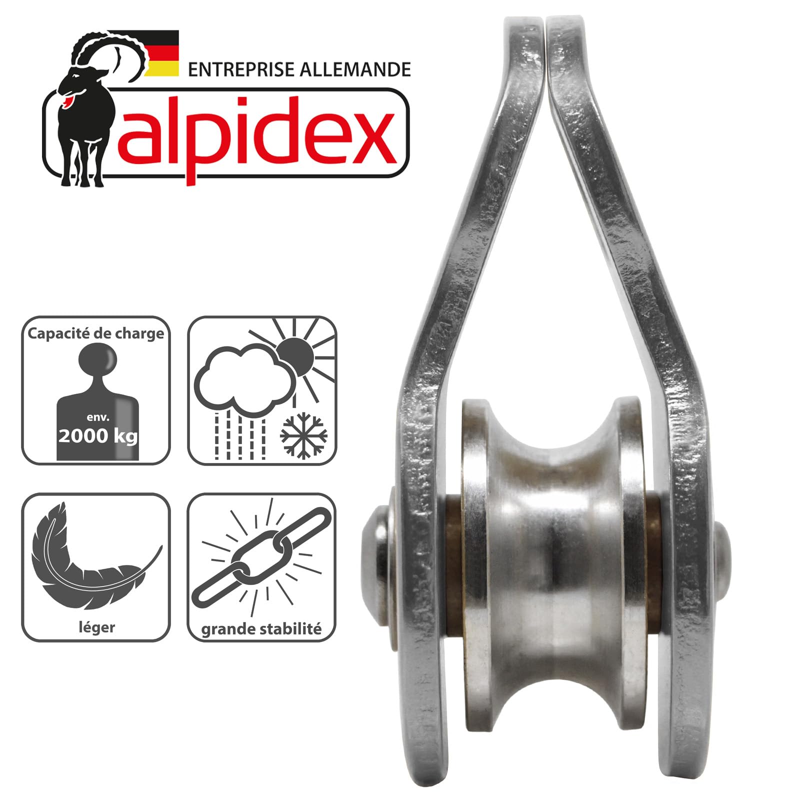 ALPIDEX Poulie de Renvoi 20 KN | Poulie de Mouflage | Mobile Pulley | Norme EN12278 | Câbles Jusqu'à 11 mm Diamètre | Palan Câble | Treuil Guide Câble | Oulies de Levage