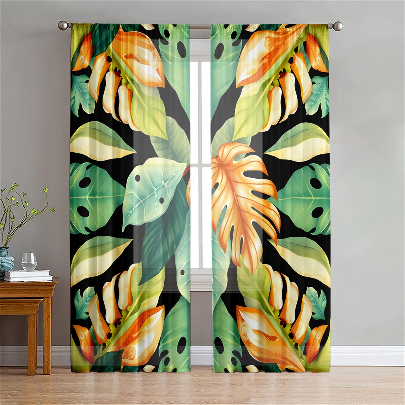 Surwin Net Curtains for Windows, Voile Curtain, 2 Panels Tropical Landscape with Eyelets, Semi Transparent Lightweight Voile Panel for Living Room Bedroom Balcony Decorative (Orange 2,W80xH115cm)