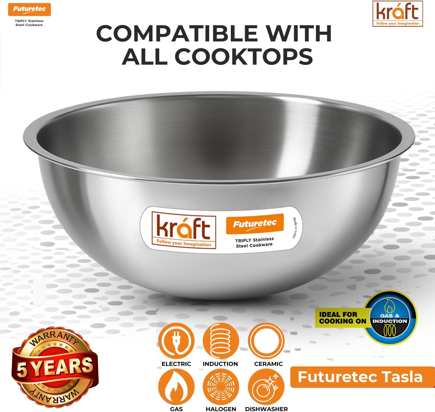 Kraft- follow your imagination Futuretec Triply Stainless Steel Extra Deep Tasla - 16 cm with 0.9 litres Capacity (Gas Stove and Induction Friendly) BPA and PFOA Free, Silver - 5 Years Warranty