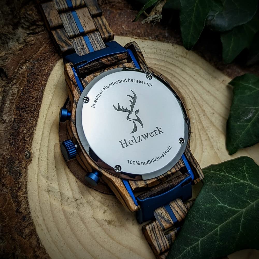 Holzwerk Germany Orologio da uomo di design, realizzato a mano, in legno naturale, cronografo, analogico, al quarzo, marrone e blu, con data, in legno, blu e marrone, Moderno