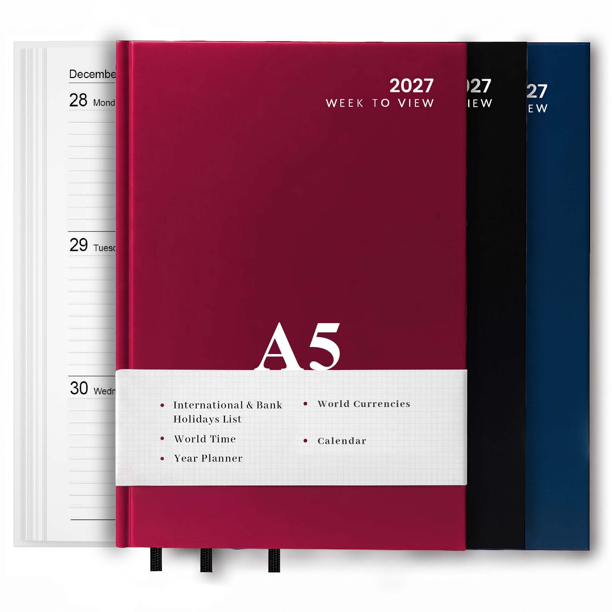 2027 Diary A4 | A5 Day a Page | Week to View Hard Backed Casebound Desk Diary with Ribbon Marker for Business, Office & Personal Use (Red, A5 Week to View)