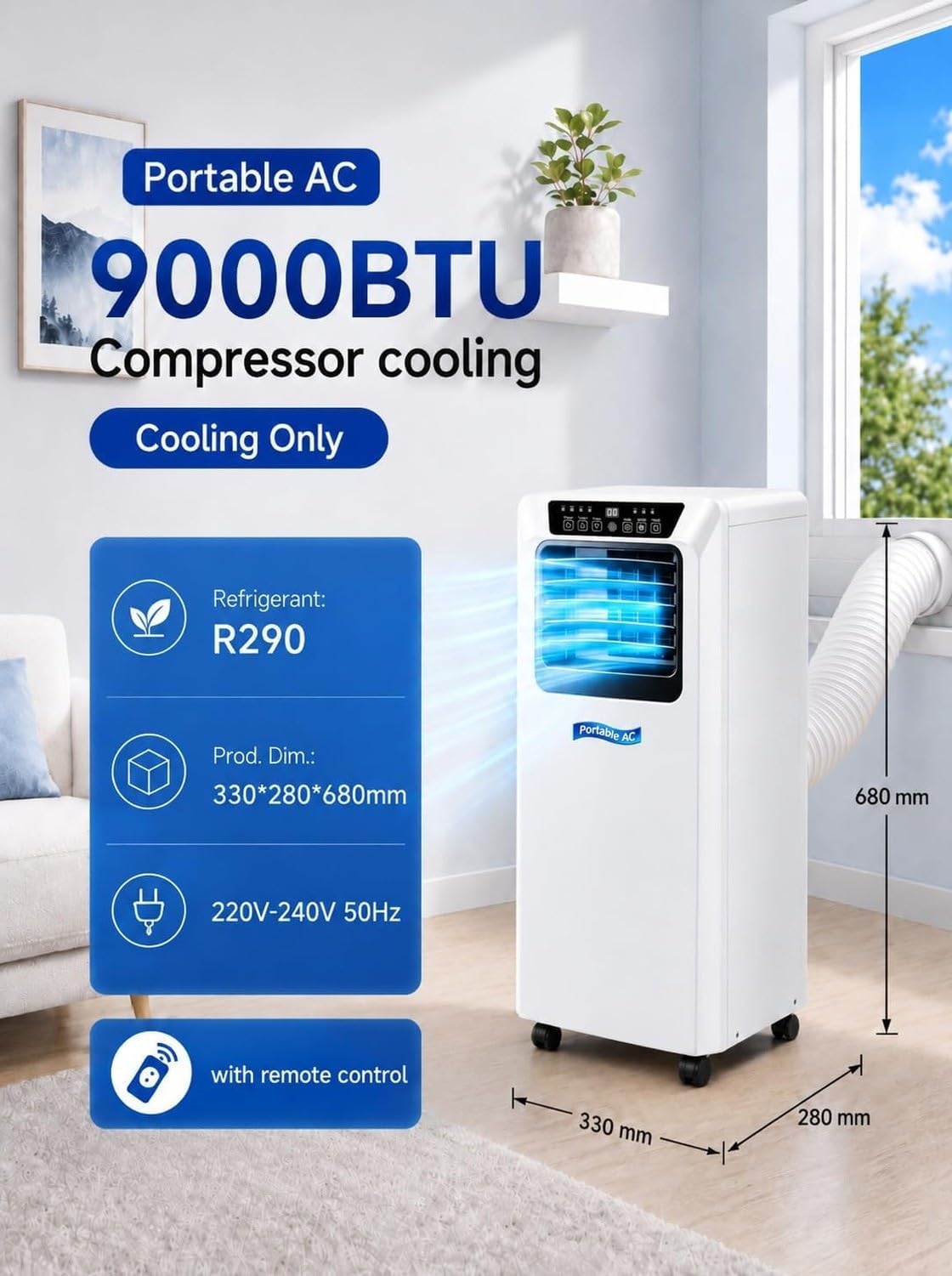 Przenośny Klimatyzator 5000/7000/9000 BTU z Osuszaczem i Wentylatorem, Cichy Tryb, Wyświetlacz Cyfrowy, Timer 24h, do 20 m², 9000BTU, 9000BTU