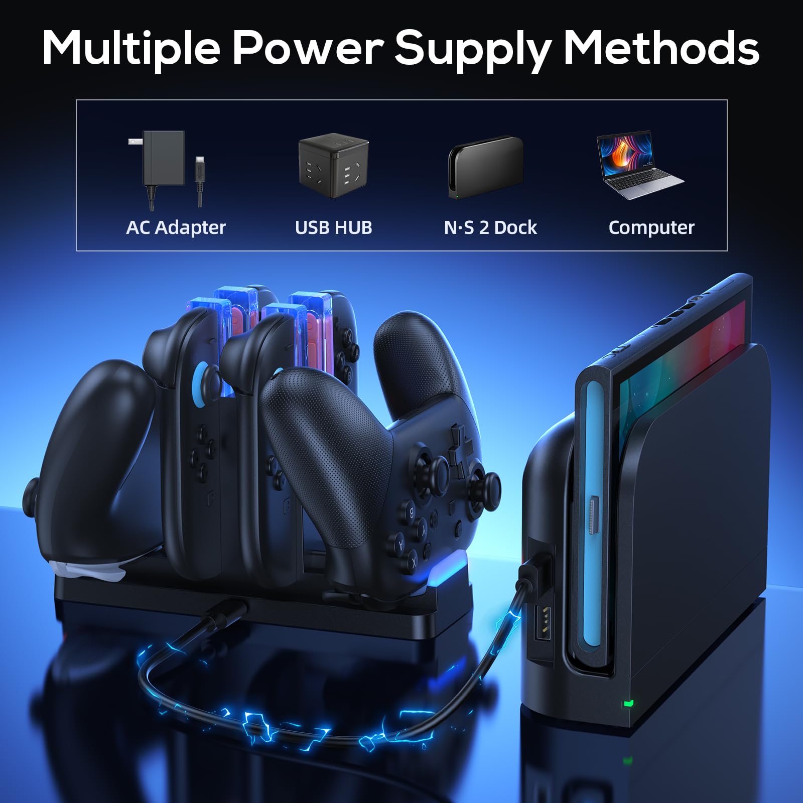 FASTSNAIL Ladestation kompatibel mit Switch 2 für Joycon 2, Ladehalterung für Switch 1/2 Pro Controller, Ladeständer für Joycon 2 & Pro Controller mit Ladestandanzeige und USB-Kabel