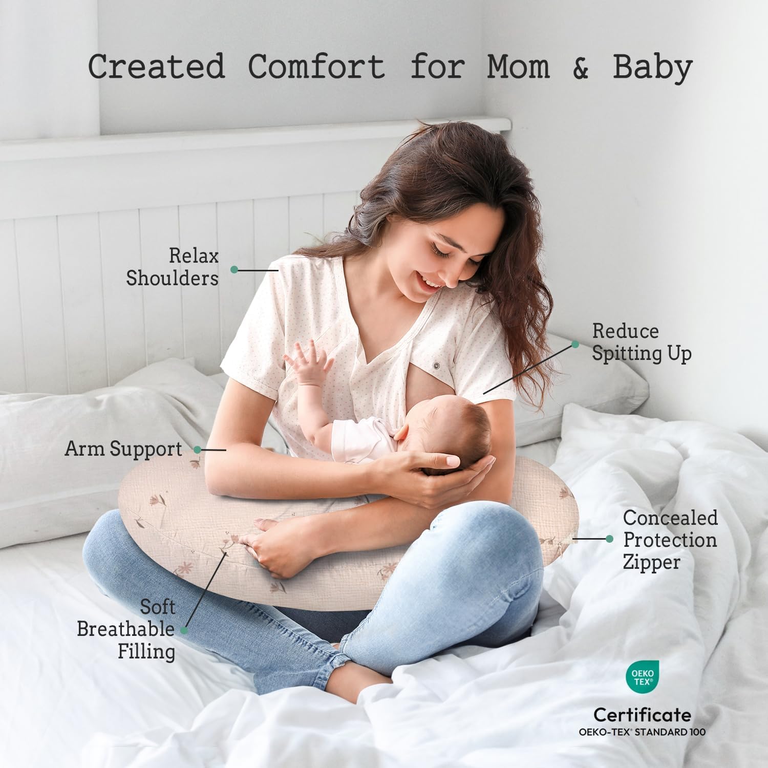 Little Grape Land Nursing Pillow, Soft 100% Cotton Breastfeeding Pillow with Breathable Muslin Cotton Removable Cover, Fog Flower Breast Feeding Pillows for Babies 0-12 Months with Protective Zipper