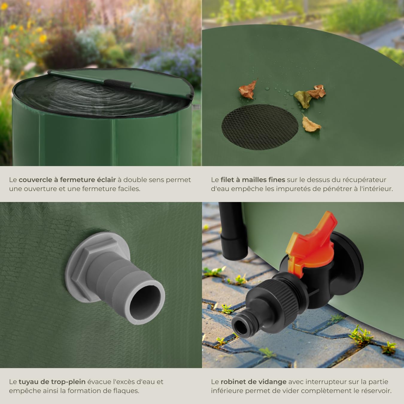 tectake® Récupérateur Eau de Pluie Pliable Réservoir d'eau Cuve Eau de Pluie Filtre en Filet Inoxydable Résistant aux Intempéries pour Arrosage Jardin Potager Plantes Arrosage Gazon - 380 litres