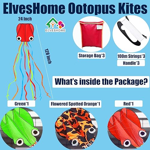 Miniatura 2 de Cometas grandes de pulpo, paquete de 3 hermosas cometas de cola larga, cometas de playa fáciles de volar, buenas cometas para niños y adultos,