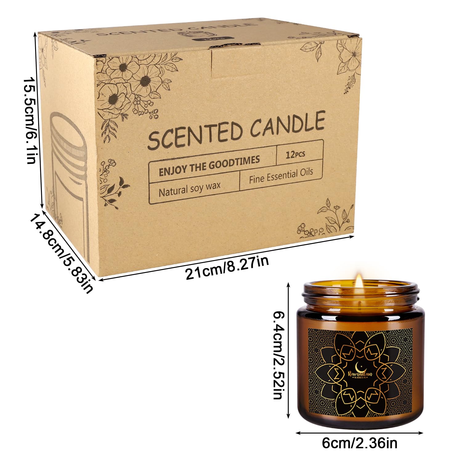 12 Pcs Ramadan Mubarak Scented Candle Set - Eid Candles for Home Decor, Aromatherapy Islamic Gifts for Women & Family, Mosque-Inspired Jar with Islamic Lanterns & Stars, Brown Soy Wax