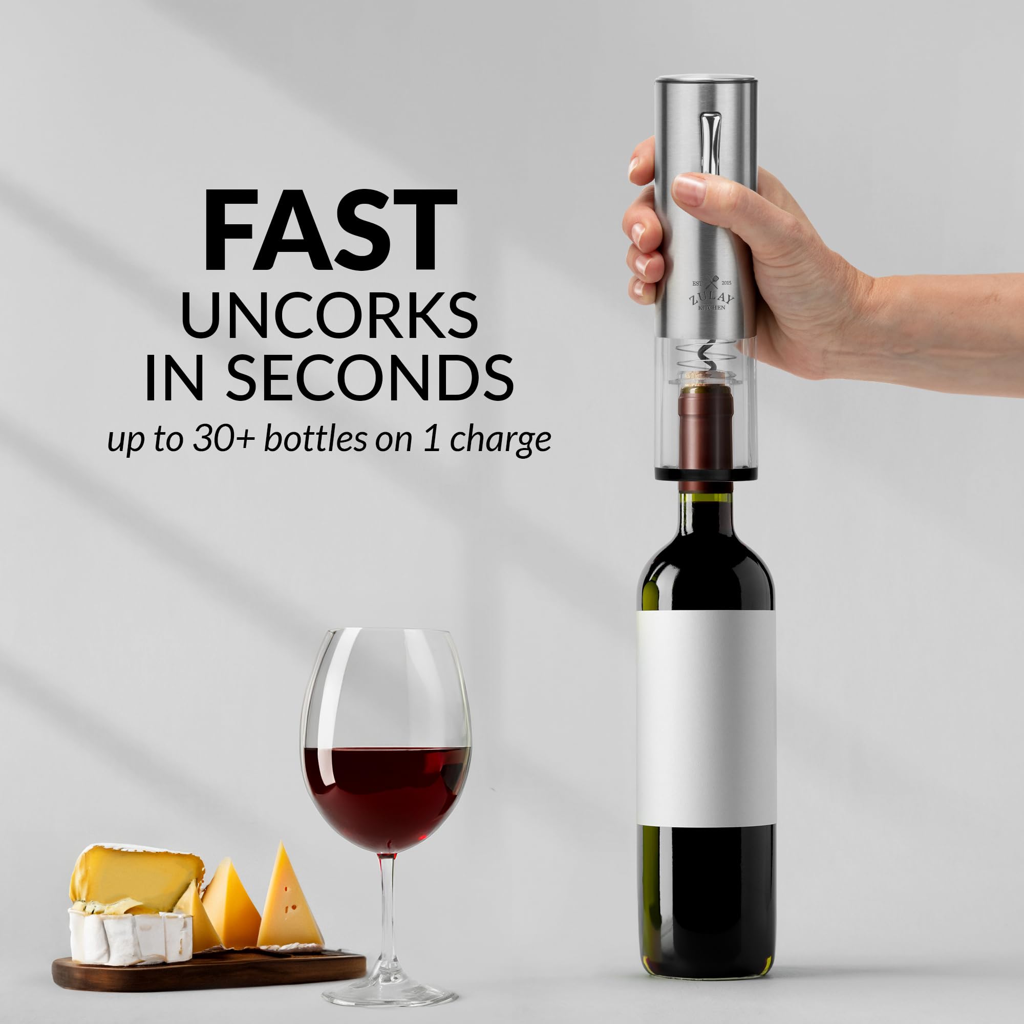 Zulay Kitchen Electric Wine Opener 5-Piece Gift Set with Charging Base - Foil Cutter, Aerator & Pourer, Vacuum Stoppers - Automatic Wine Bottle Corkscrew Opener For Smooth & Fast Uncorking