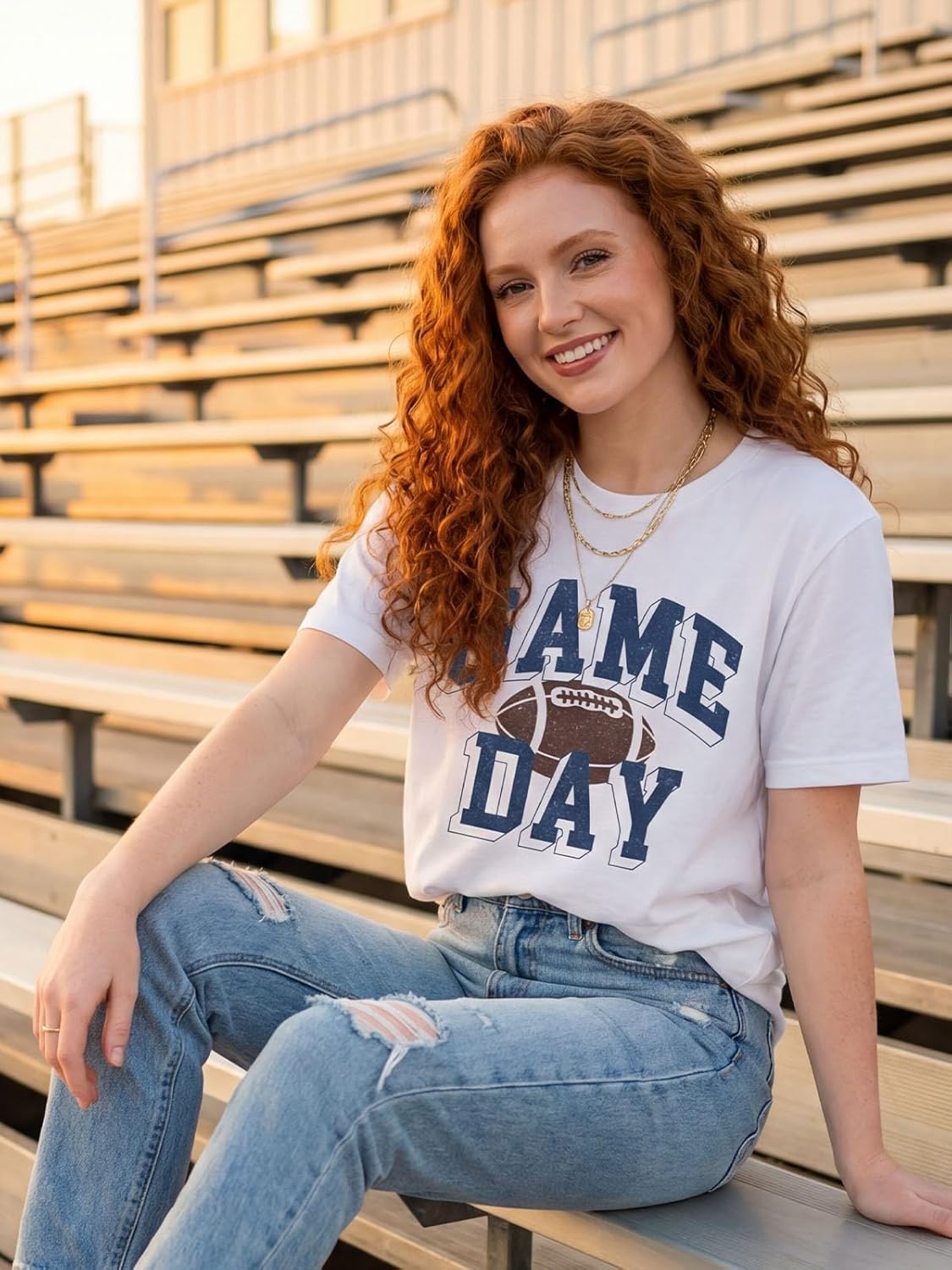 Football Shirts for Women Game Day T Shirts Football Outfits Funny Graphic Tee Casual Short Sleeve Tee Shirts - Image 2