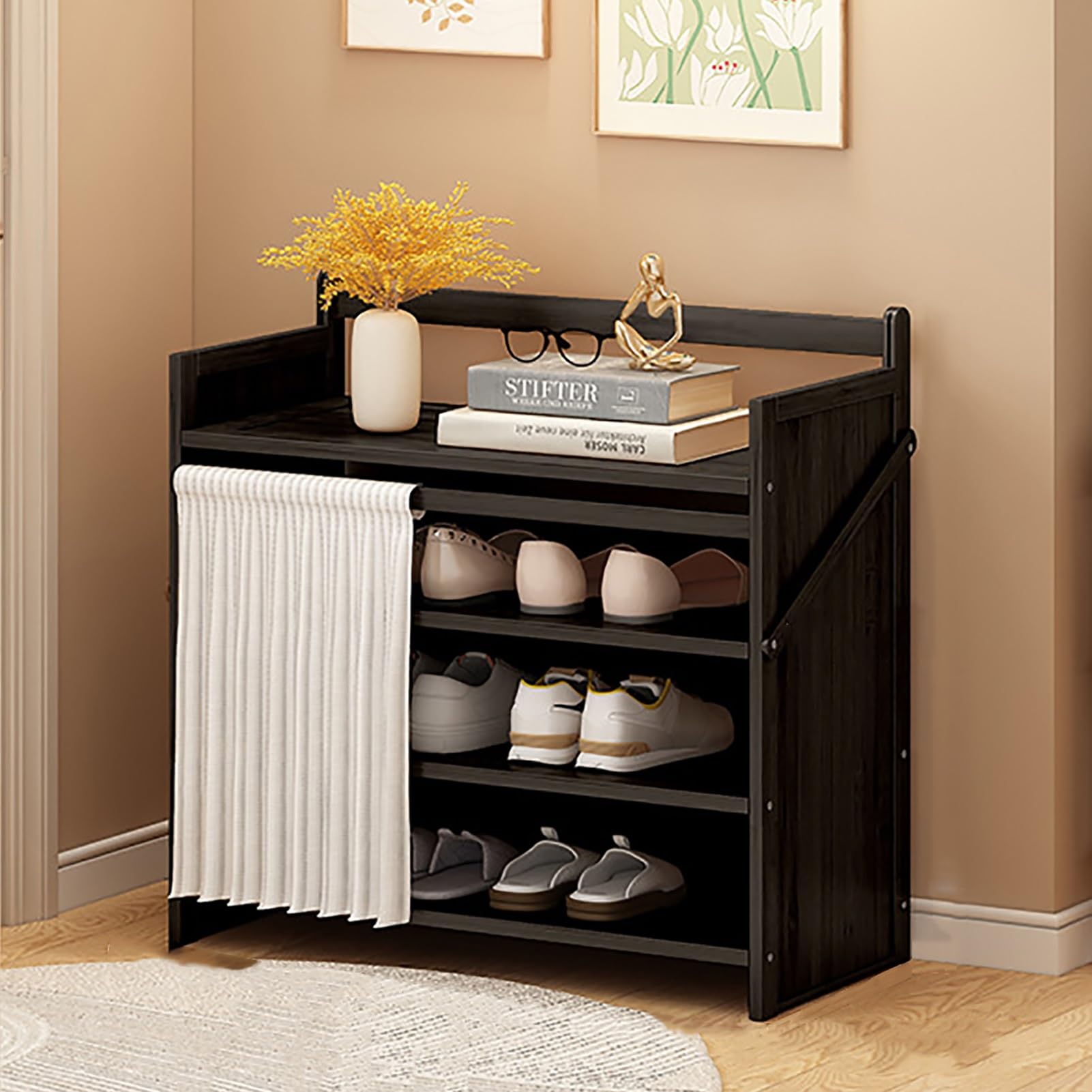 Foldable Shoe Rack No Assembly Required Bamboo Shoe Indoor/Outdoor Storage Shelf Independent Shoe Cabinet for Entryway Camping 2 Tier Black Color(Negro-4 Layers 19.7in)