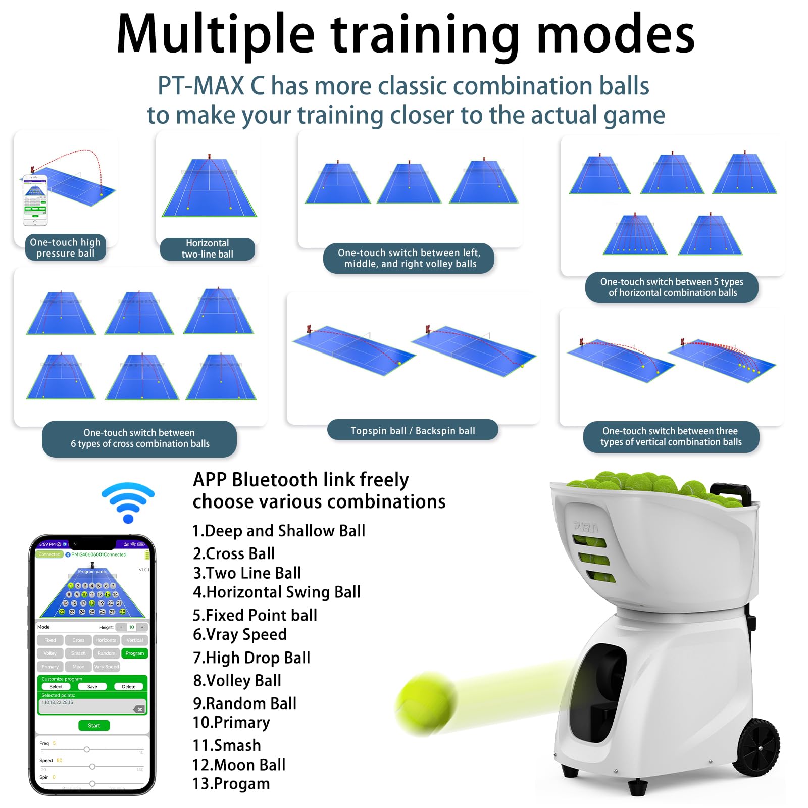 PT-MAX C Tennis Ball Machine - Professional Auto Ball Server with APP Control, 28 Landing Points & 26 Training Modes, Smart Tennis Trainer with Variable Speed System (5-7H Runtime) (White)