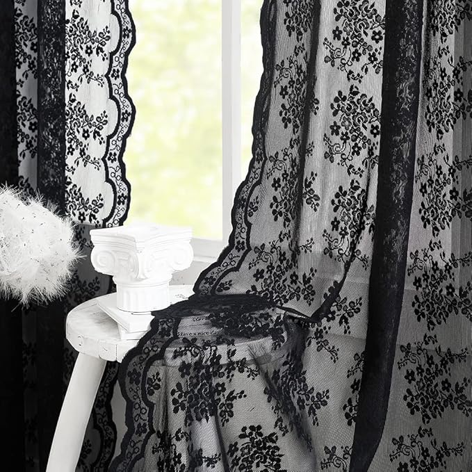 YJ YANJUN Black Lace Curtains 2 Panels Vintage Floral