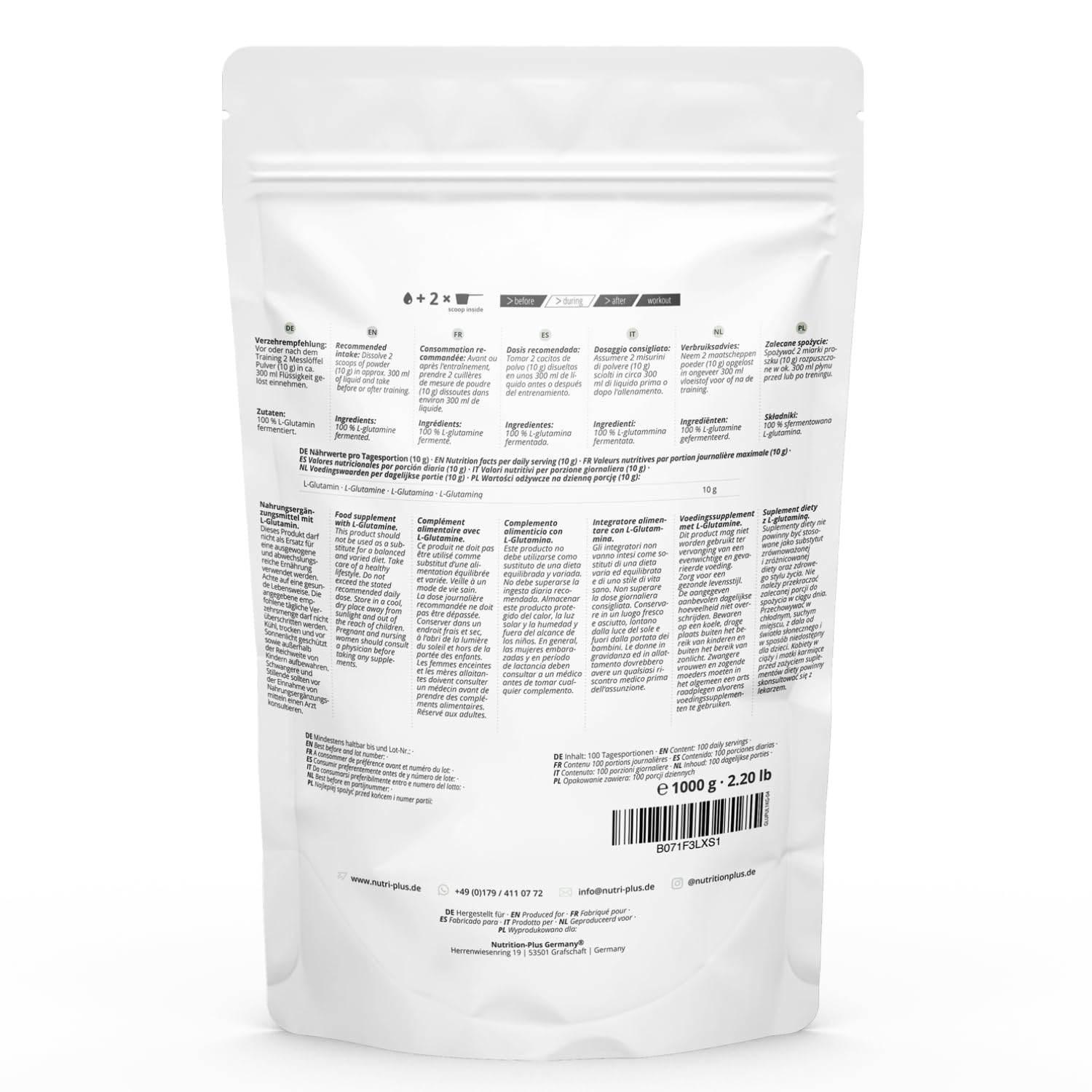 Nutri + L Glutamin Pulver Vegan 1 kg - Neutral & hochdosiert ohne Zusatzstoffe - 100% natur rein - Fermentiertes L-Glutamin Powder Made in Germany
