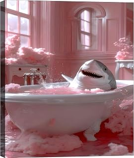 FLZYKGPA Funny Shark Bathing Bathroom Wrapped Canvas Prints Poster, Hanging Hardware Included, Birthday Party Decor, Mother's Day New Year Easter Gift