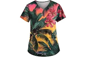 s1 pro plus Women's Casual Leaf Print Top Scrub Shirt