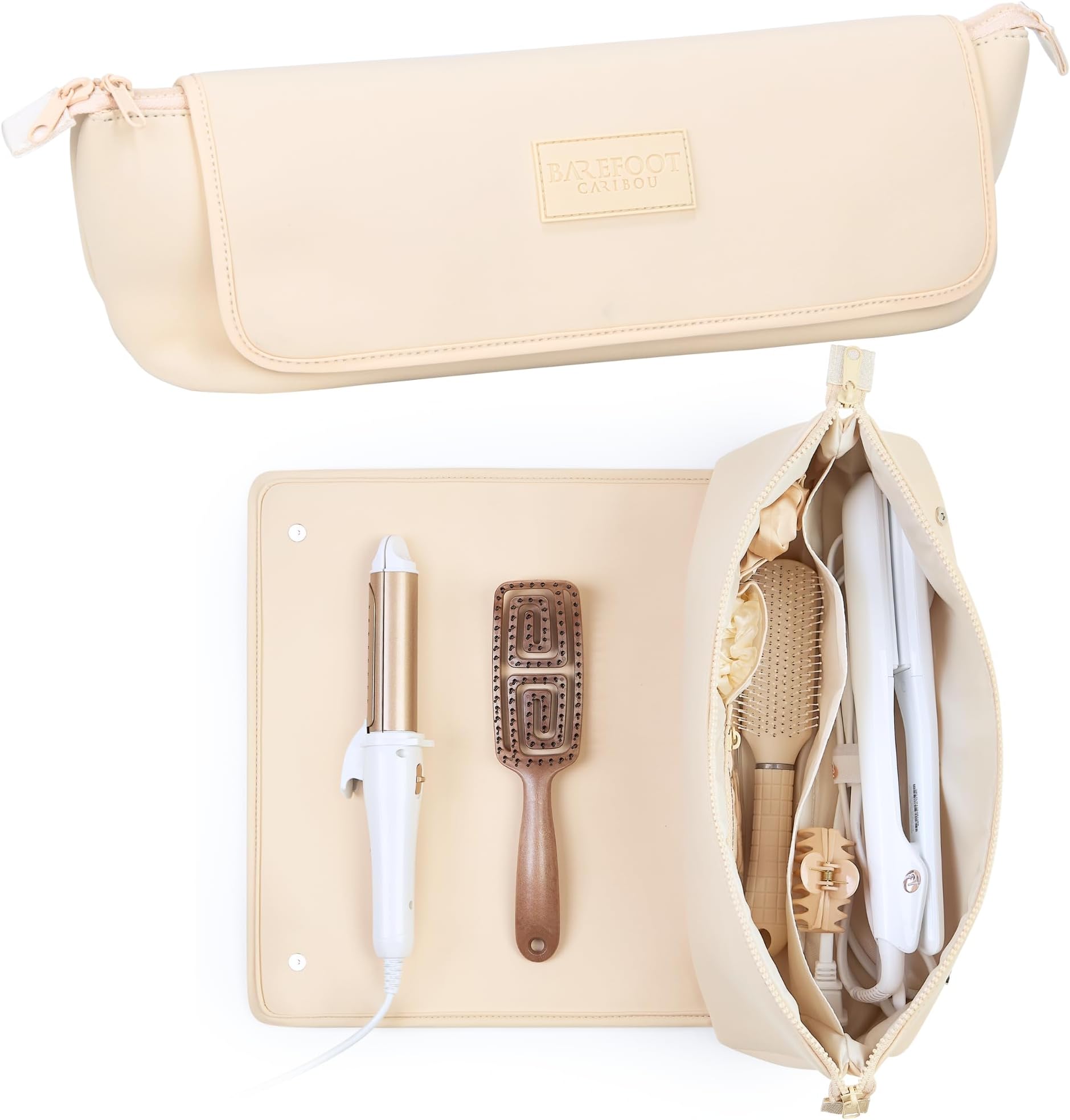 Hair Tools Travel Bag and Heat Resistant Mat (15.5") for Flat Irons, Straighteners, Curling Iron, Haircare Accessories, 2-in-1 design, Interior Pockets, Portable Organizer (Ivory)